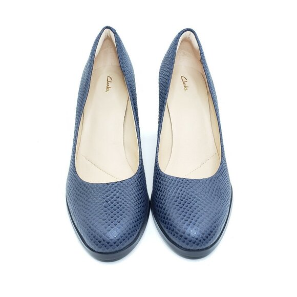 Clarks Kaylin Cara Navy Embossed Leather Block Heel Pumps Womens Size 10 - Picture 3 of 11